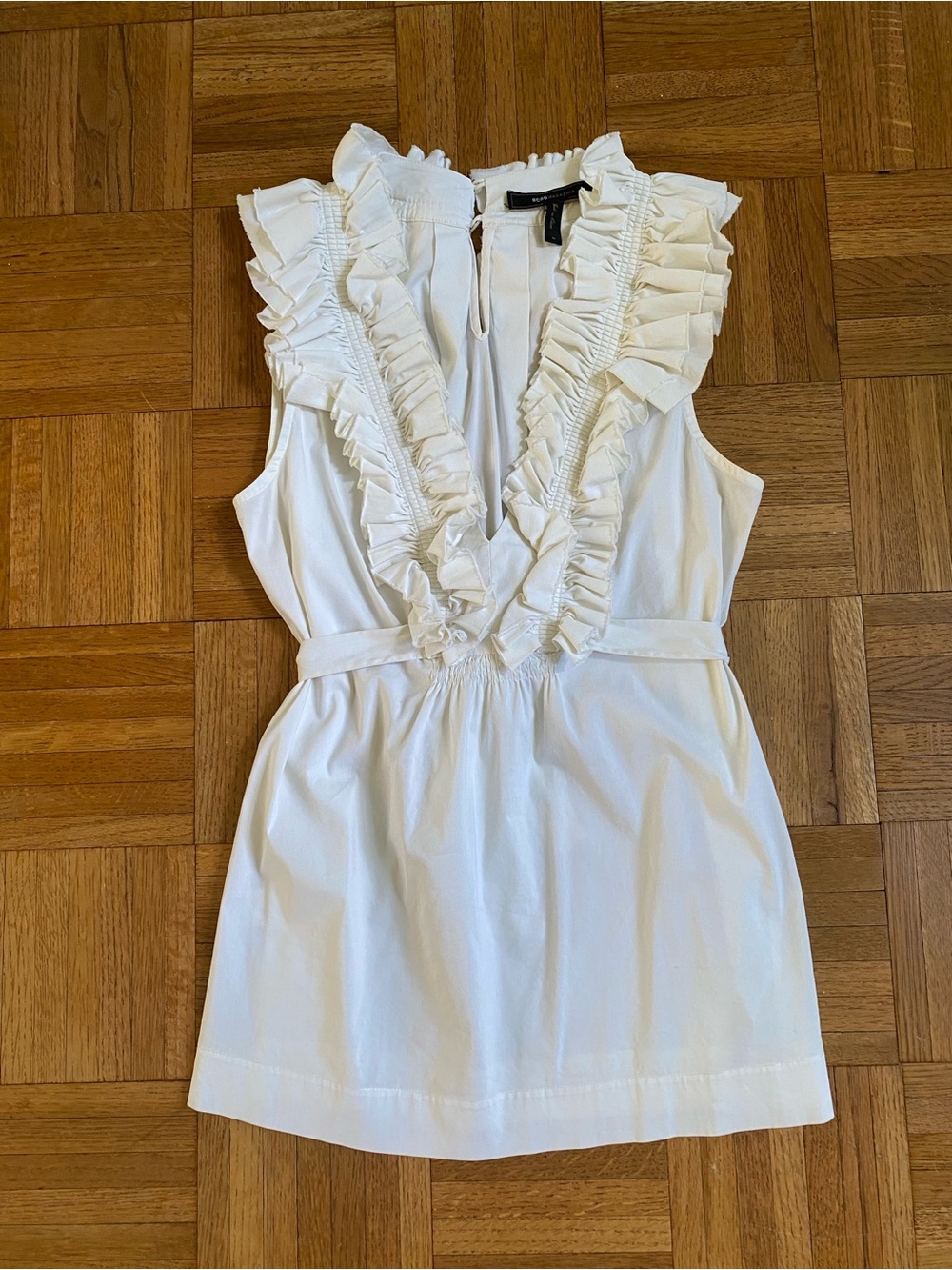 BCBGMaxazria Ruffle Sleeveless Tank White V Neck Womens M